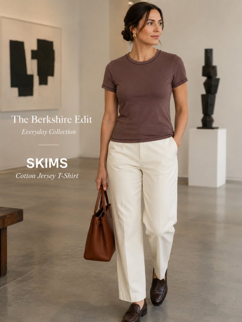 SKIMS Cotton Jersey T-Shirt Brown Pickstitch Fitted Stretch Tee Size L
